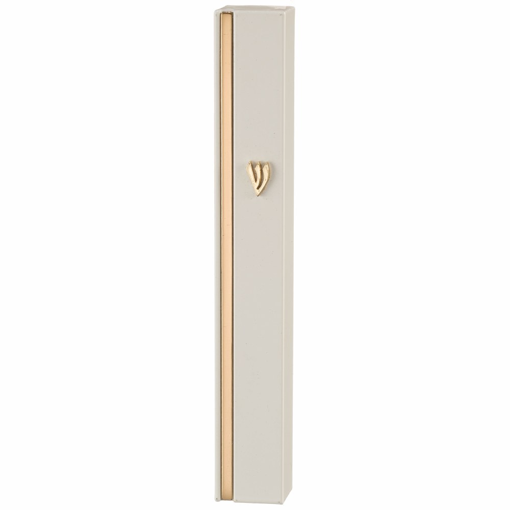 Aluminum Mezuzah Case Rectangle Shape Gold Strip Accent Cream 15cm The Judaica Place